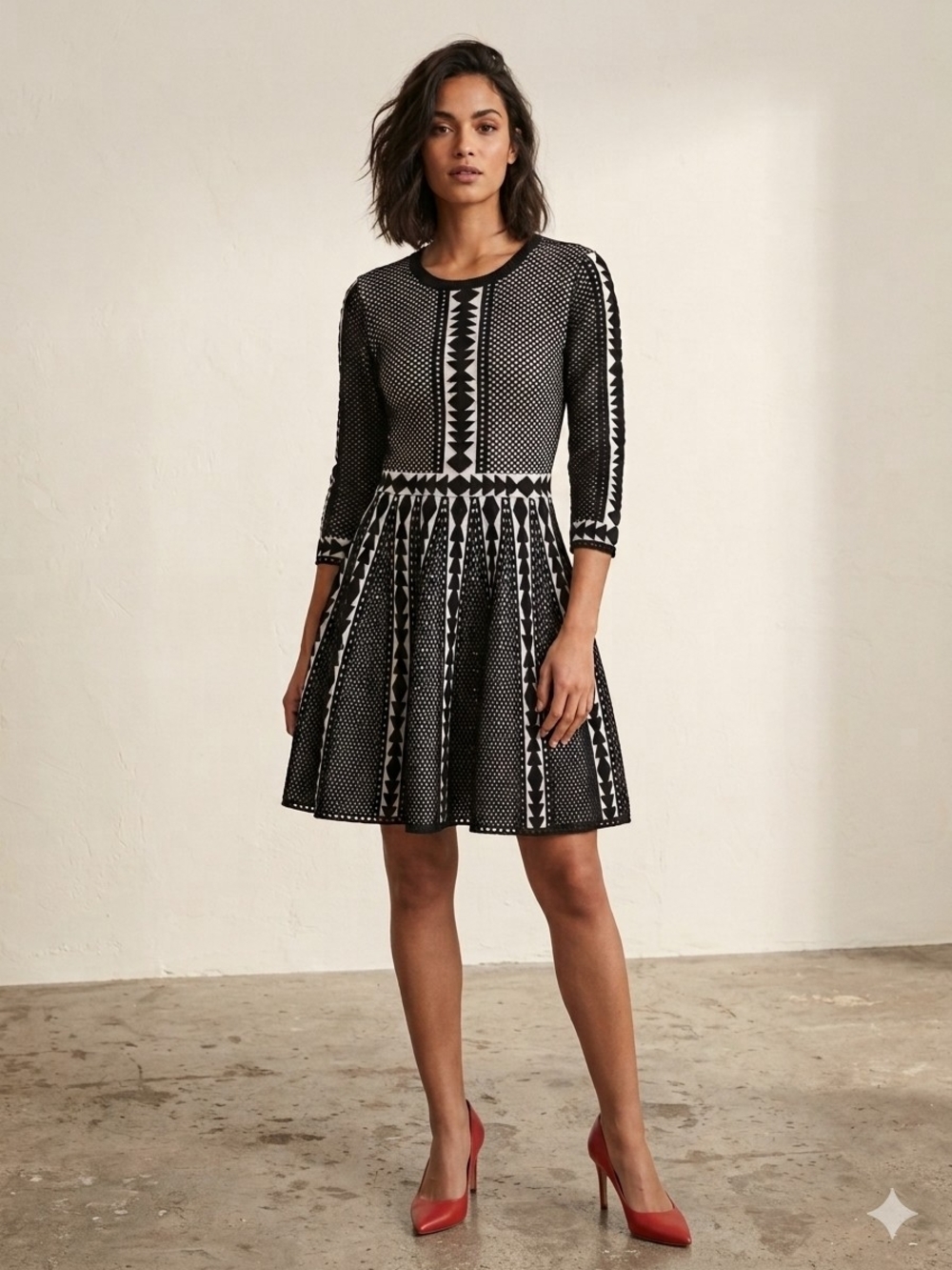 Topshop Premium Black and White Geometric Fit-and-Flare Sweater Dress 12